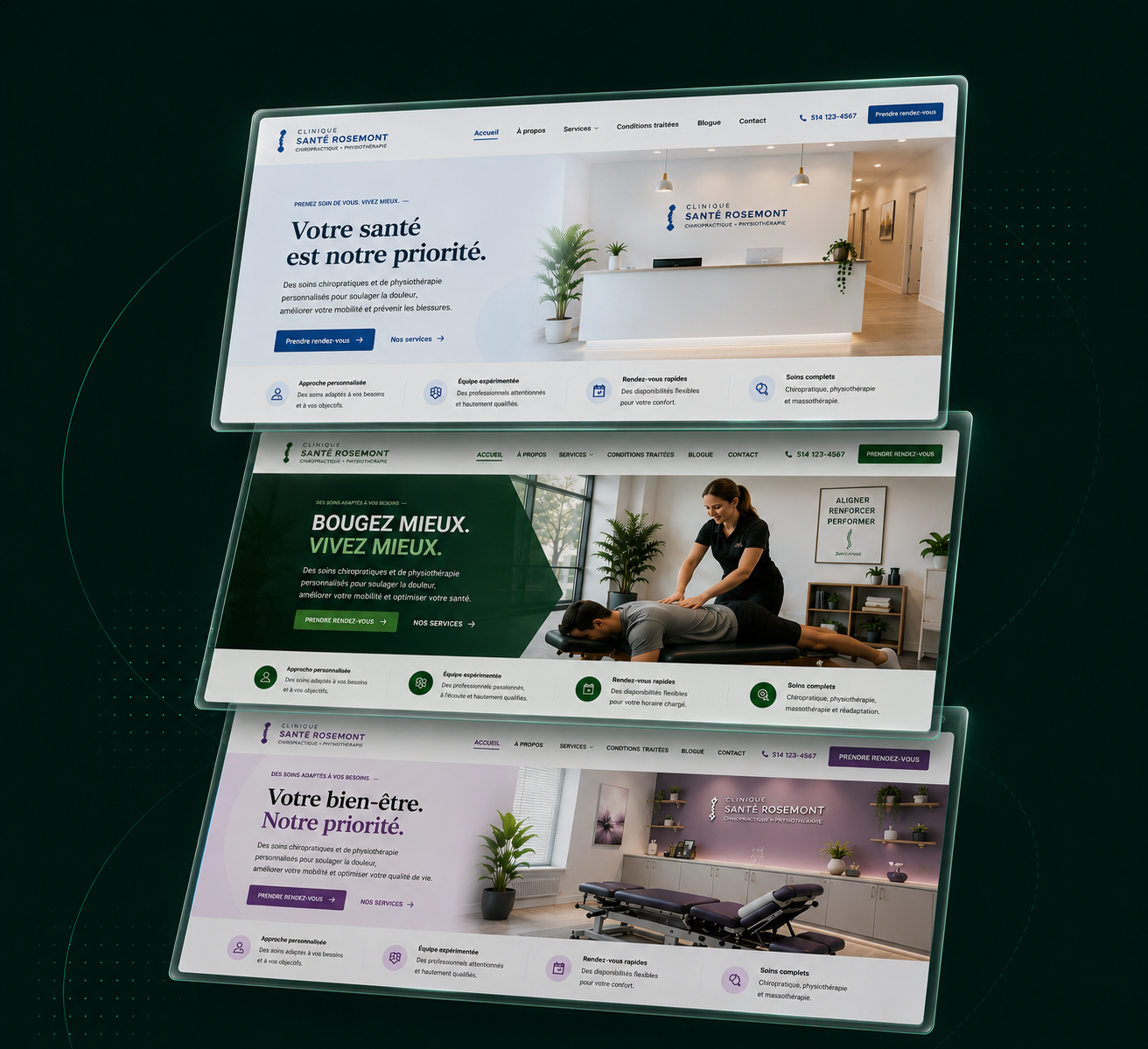 Trois directions de design explorées par Faust pour la Clinique Santé Rosemont